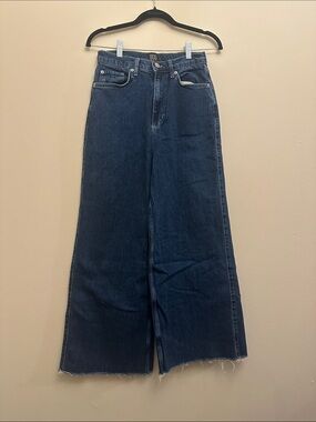 BDG UO A-Wide Wide-Leg High-Rise Jeans Dark Blue Wash Baggy Sz 28 Frayed Hem